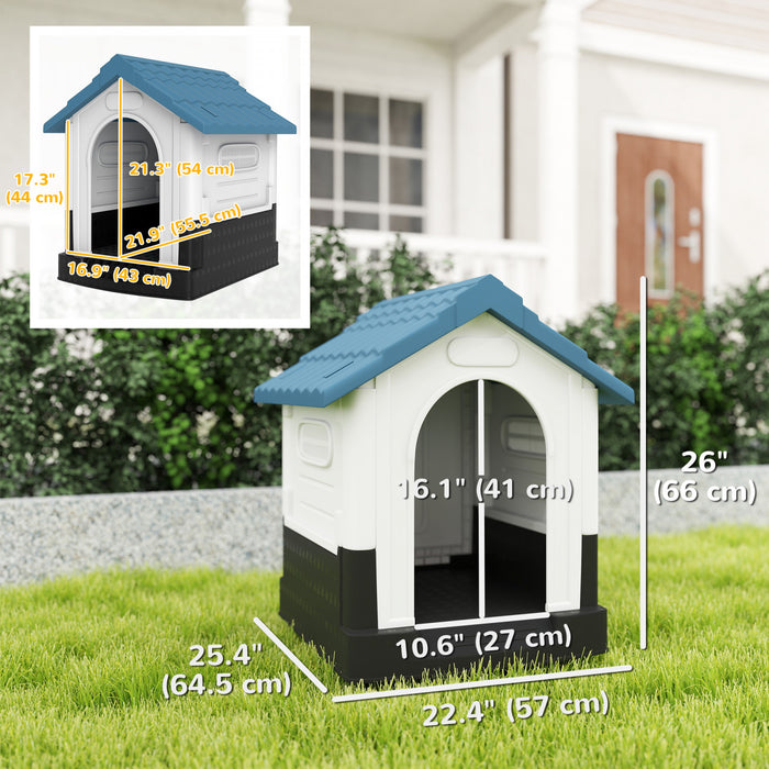 Niche exterieure avec fenetres pour chiens miniatures, bleu