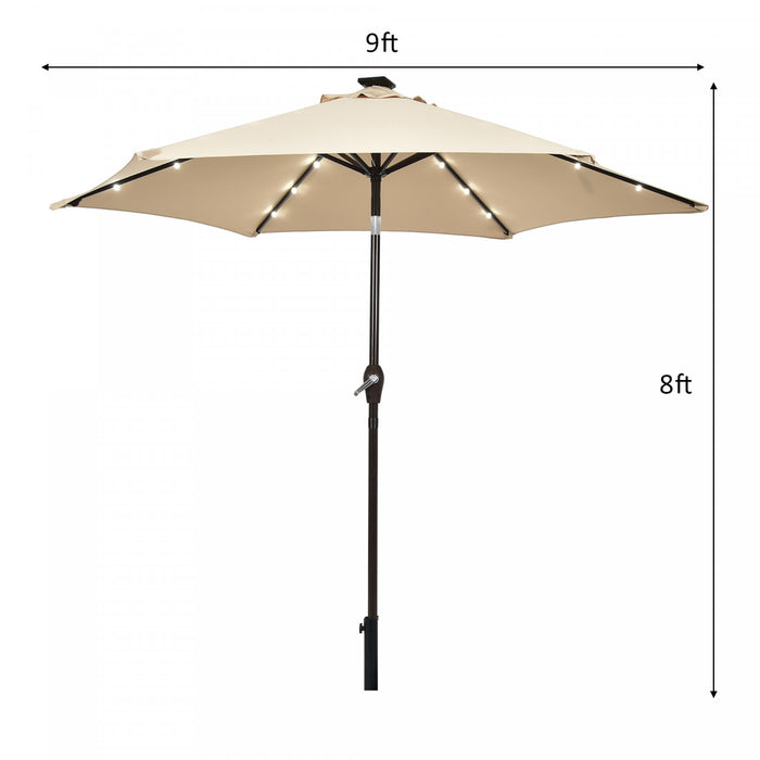 Costway Parasol de marche solaire LED de 9 pieds avec reglage d'inclinaison et manivelle, beige
