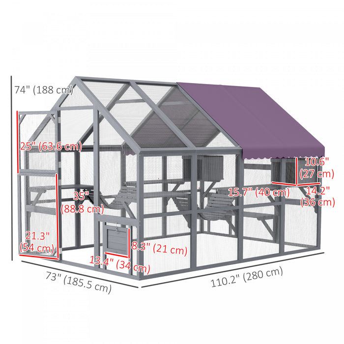Pawhut Catio Enclos D'exterieur Pour Chat Sauvage En Bois Avec Auvent Resistant Aux Intemperies, Ponts, Boites De Repos, Plates-formes, Pour 3 A 6 Chats, Gris