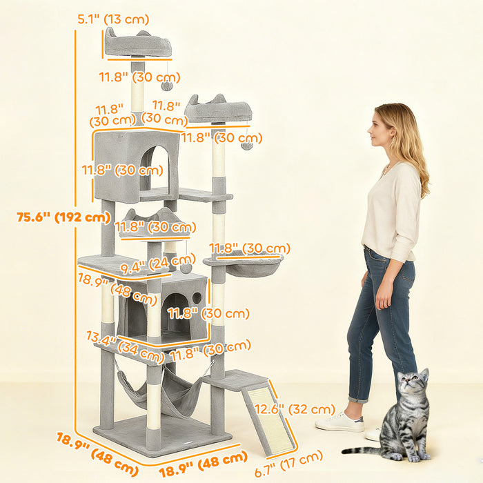 76\" Cat Tree, Large Cat Tower for Indoor Cats, Light Grey