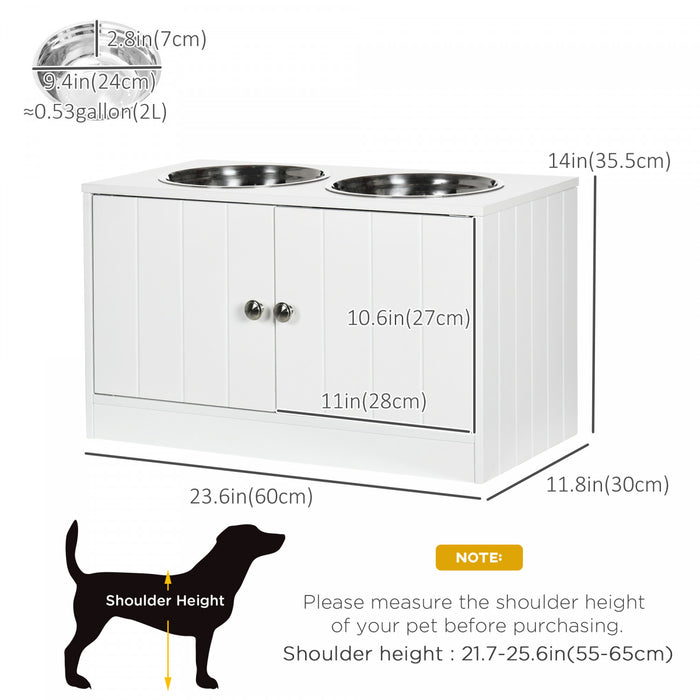 Pawhut Bol De Chien Sureleve Pour Gros Chien Station D'alimentation Pour Animaux De Compagnie Avec Support, Rangement, 2 Bols D'aliments Et D'eau En Acier Inoxydable, Blanc, 23.5\" X 12\" X 14\"
