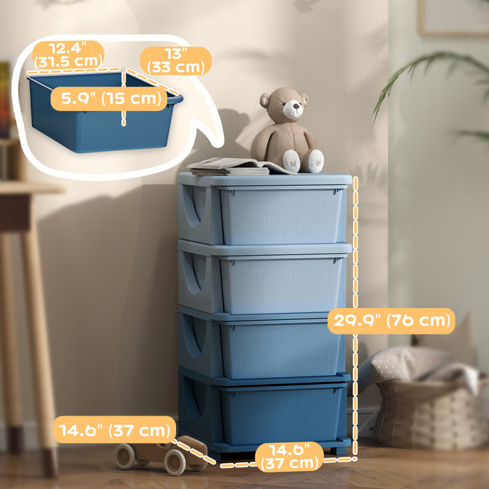 Qaba Organiseur De Jouets Pour Enfants Avec 4 Bacs De Rangement Bleu