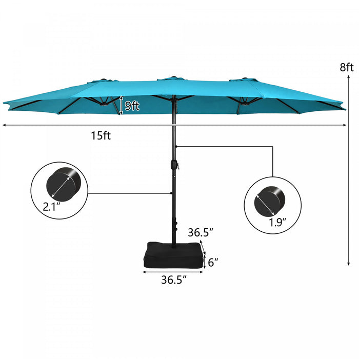 Costway Parasol double face 15FT a manivelle avec base pour marche exterieur Turquoise