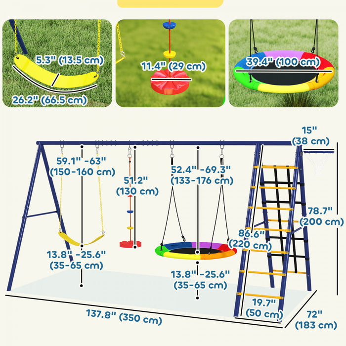 Qaba Balancoire pour enfants pour l'exterieur, 6 en 1 avec 1 soucoupe, 1 balancoire a ceinture, 1 balancoire a corde a disque, echelle d'escalade et filet, panier de basket
