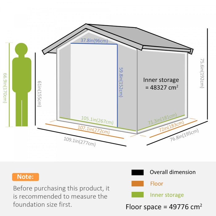 Outsunny 9.1'x 6.4' X 6.3' Abri De Jardin Avec Fondation De Plancher Patio Exterieur Cour Metal Maison De Rangement Pour Outils Avec Portes Doubles Gris