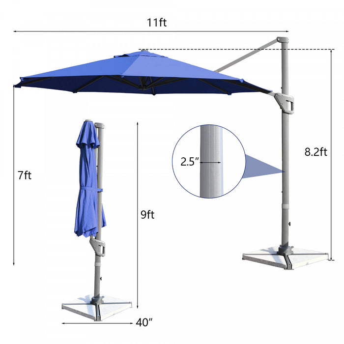 Costway Parasol deporte 11ft pour terrasse a rotation cantilever, aluminium, inclinable, base croisee, bleu marine