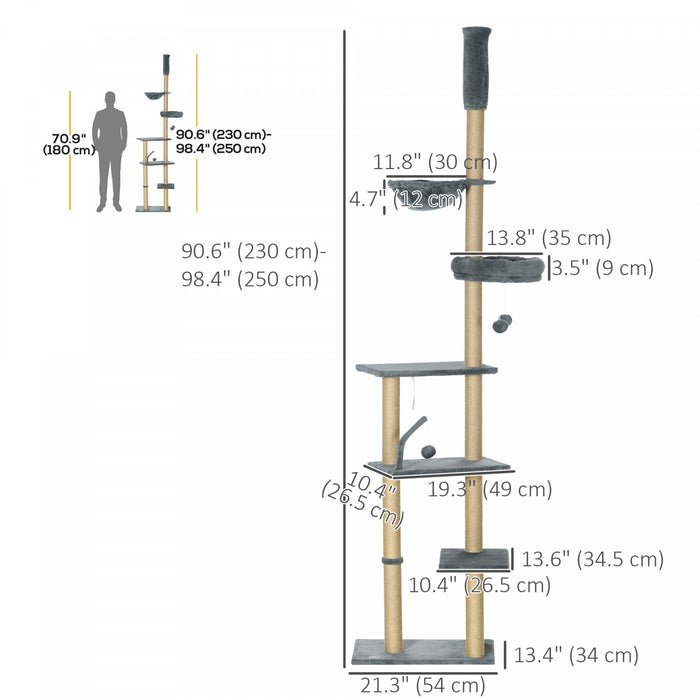 Arbre A Chat Pawhut, Hauteur Reglable De 230 A 250 Cm, Avec Griffoir, Balles Suspendues, Plateformes, Lit Et Hamac, Gris