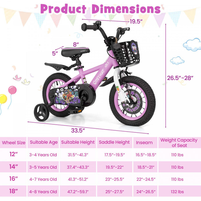 Costway 12\" Velo Pour Enfants Pour 3-4 Avec Guidon Reglable En Hauteur Et Frein A Main En Selle Violet