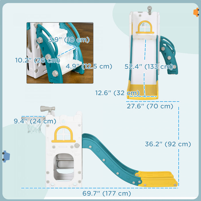Qaba Toboggan 4 En 1 Pour Enfants Ages De 1 A 3 Ans Avec Panier De Basket, Grimpeur, Telescope, Panier De Rangement, Pour Usage Interieur, Jaune