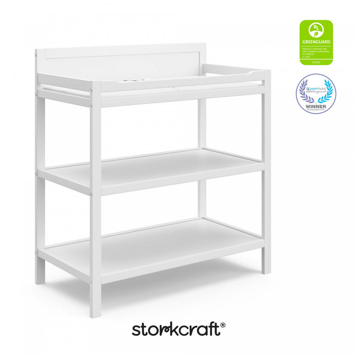 Table a langer Storkcraft Alpine avec matelas a langer resistant a l’eau – Blanc