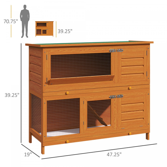 Pawhut Clapier Sureleve En Bois A 2 Etages Pour Lapin Cage Pour Petits Animaux 47\"l X 19\"w X 39\"h Avec Plateau Coulissant