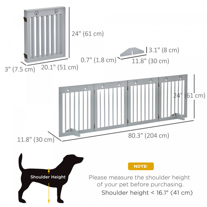 Pawhut Barriere Autoportante Pour Animaux De Compagnie A 4 Panneaux En Bois, Barriere De Securite Pliable Avec Pieds De Support Jusqu'a 80,25\" De Long Et 24\" De Haut Pour Porte, Escaliers, Gris Clair