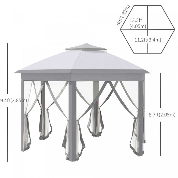Outsunny Tonnelle Barnum De Jardin Hexagone Pliant Double Toit Metal Polyester Moustiquaires Gris