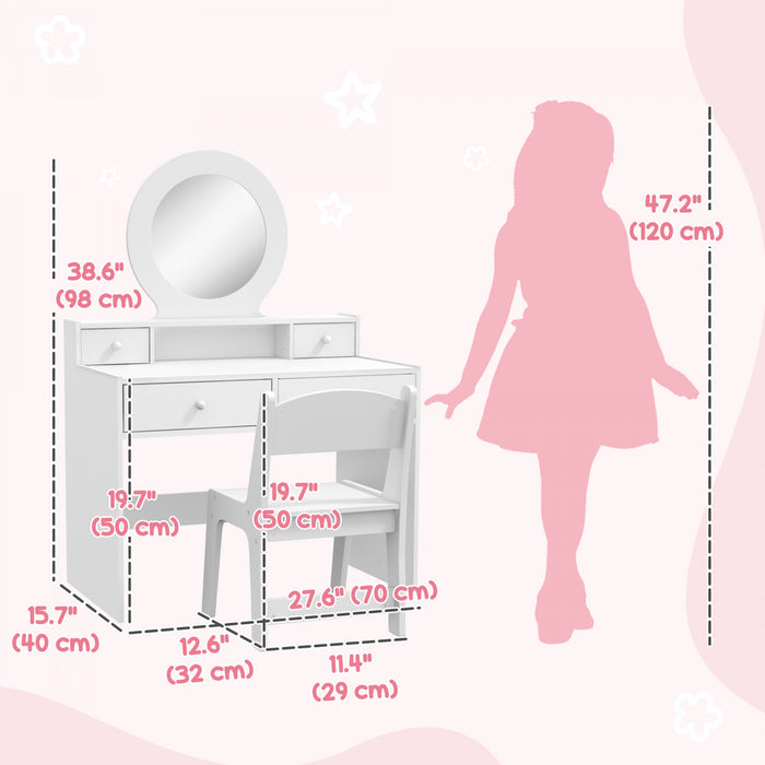 Qaba Ensemble De Coiffeuse Pour Enfants 2 Pieces, Coiffeuses Avec Miroirs, Table De Maquillage Pour Enfants Avec Tabourets Et Tiroirs De Rangement, Pour Enfants De 3 A 8 Ans, Blanc