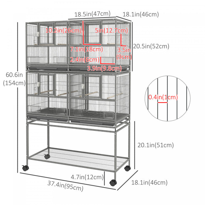 Pawhut Grande Cage A Oiseaux En Metal A Double Roulement Avec Plateau En Metal Amovible, Etagere De Rangement, Perchoir En Bois, Recipient Alimentaire, Gris