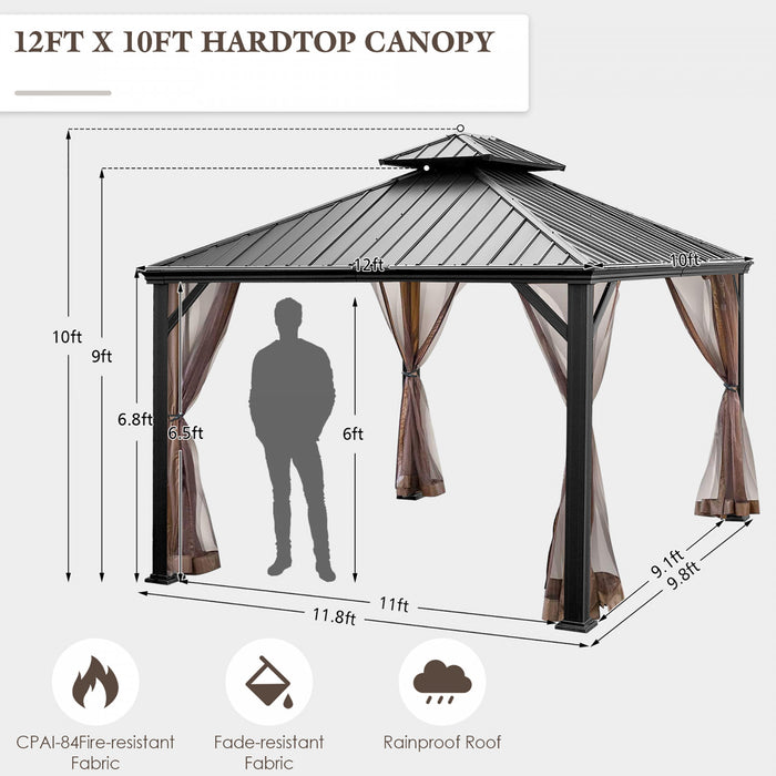 Costway 12ft X 10ft Hardtop Gazebo Exterieur A 2 Niveaux En Acier Galvanise Canopy Brun