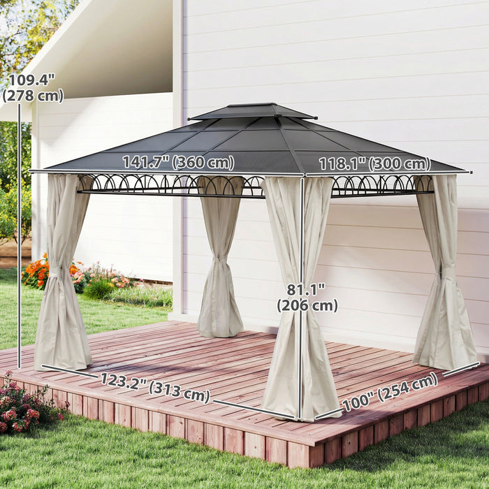 Outsunny Gazebo exterieur 3 x 3,6 m avec double toit rigide et rideaux, Beige