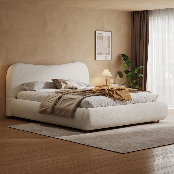 Lit plateforme Camille avec tete de lit incurvee et tapissage boucle luxueux, taille Queen, blanc