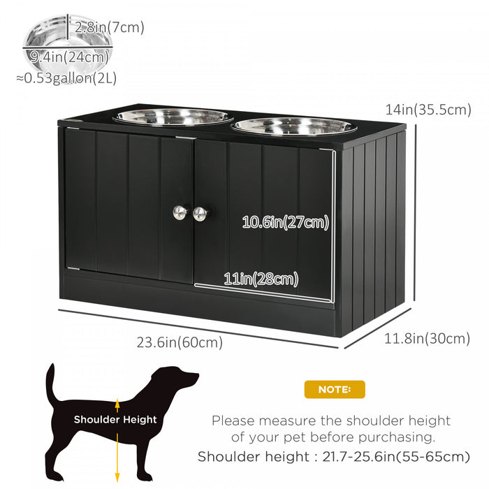 Pawhut Bol De Chien Sureleve Pour Gros Chien Station D'alimentation Pour Animaux De Compagnie Avec Support, Rangement, 2 Bols D'aliments Et D'eau En Acier Inoxydable, Noir, 23.5\" X 12\" X 14\"