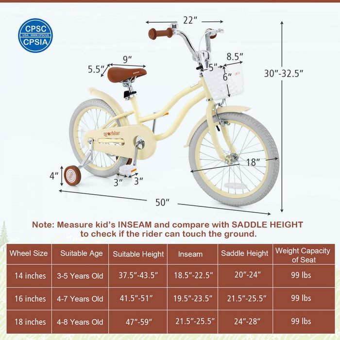 Prorider 18\" Enfants Velo Tout-petit Velo Avec Roue D'entrainement Pour 4-8 Ans Beige