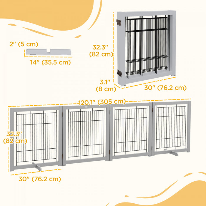 Pawhut Barriere De Chien En Bois Pliable Pour Chiens, 4 Panneaux Avec Pieds De Support, Barriere De Securite Autoportante Pour Porte De Maison, Escaliers, Gris Clair