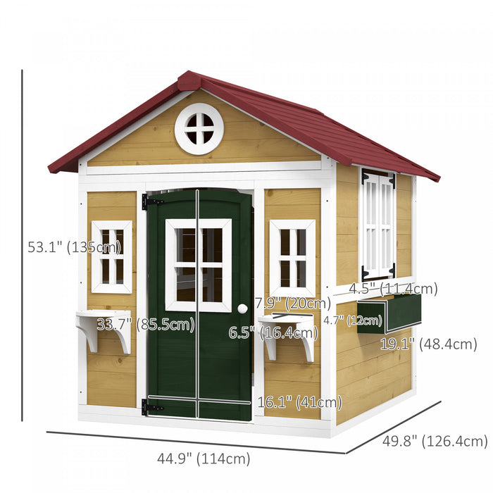 Outsunny Maison de jeux d'exterieur pour enfants, equipement de jeu d'exterieur en bois avec porte, fenetres, pots de fleurs et boites pour les tout-petits de 3 a 8 ans, beige