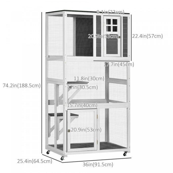 Pawhut Maison Pour Chat D'exterieur Avec Roulettes, Grande Enceinte En Bois De 91,4 Cm De Long Avec 2 Plates-formes, Toit En Asphalte, Portes Verrouillables, Condo De Repos