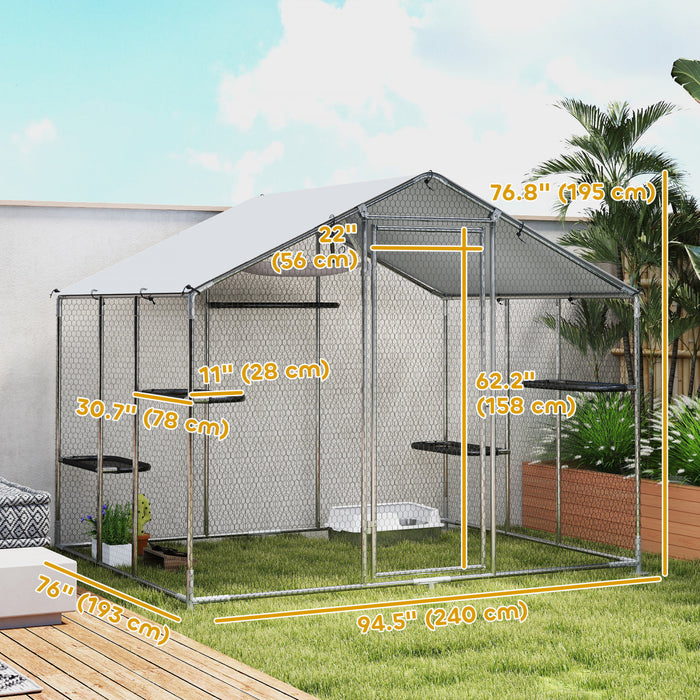 Grand enclos exterieur pour chats PawHut, cage spacieuse en acier galvanise avec toit impermeable, 5 plateformes ajustables, hamac, 240 cm L x 193 cm P x 195 cm H