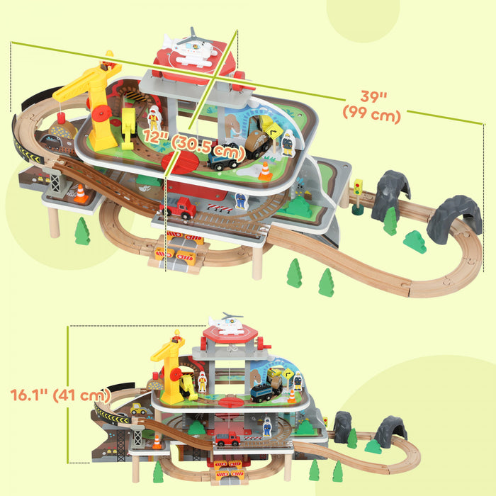 Qaba Wooden Train Set, 79 Pcs Toy Railway Set Mine Themed with Track, Crane, Helicopter & Accessories, STEM Toys Gift for Kids Toddlers, Boys & Girls 3+ Years