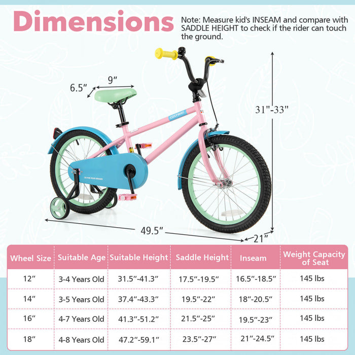 Costway 18\" Velo Pour Enfants Avec Guidon De Selle Reglable Roues D'entrainement Amovibles Frein A Main Rose