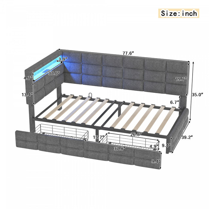 Banquette-lit Sophia rembourree avec lumieres LED et tiroirs de rangement, taille simple, gris