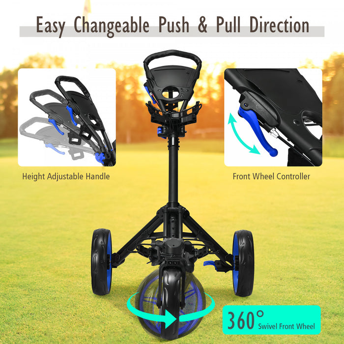 Goplus Pliant Golf Pousser Chariot W / Tableau De Bord Poignee Reglable Roue Pivotante Bleu