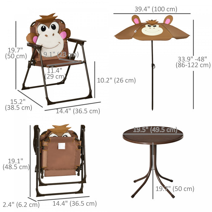 Outsunny Ensemble Table Et Chaises De Pique-nique Pour Enfants, Meubles De Jardin Pliants D'exterieur, Pour Terrasse, Arriere-cour, Avec Motif De Singe, Parasol Amovible Et Reglable En Hauteur