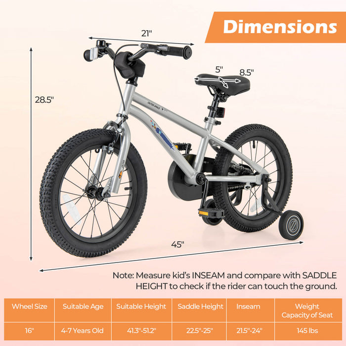 Velo Costway 16 Pouces Pour Enfants De 4 A 7 Ans Avec Selle Reglable Et Guidon Antiderapant Argent