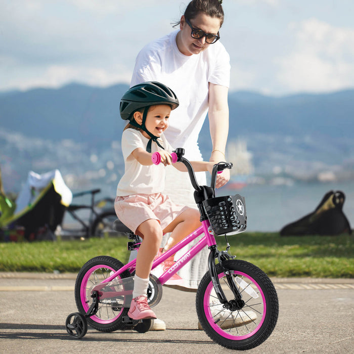 Costway 14\" Velo Pour Enfants Avec Roues D'entrainement Guidon Reglable Et Frein A Main De Siege Rose
