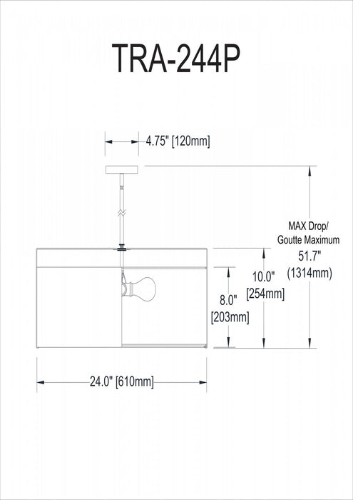 Luminaire suspendu Trapezoid de Dainolite avec abat-jour cylindrique noir et crème qui diffuse la lumière, tissu blanc et 4 ampoules