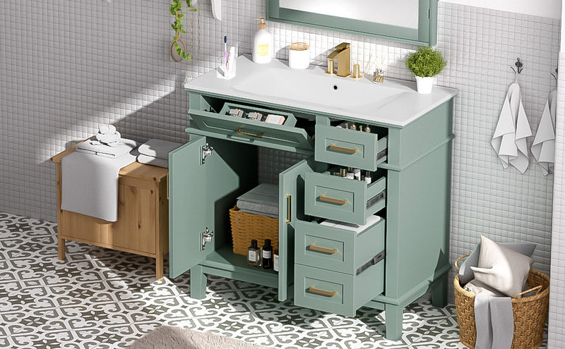 Clara Vanity moderne 36 pouces vasque ceramique + multi-tiroirs, Vert clair