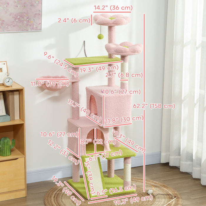 Arbre a Chat en Forme de Fleur 158 cm avec 2 Condos, 2 Lits, Hamac, Perchoir