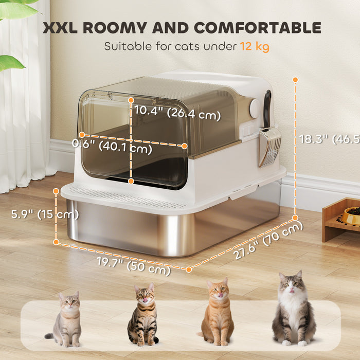 PawHut Bac a Litiere pour Chat Extra-Large en Acier Inoxydable, XXL avec Couvercle Rabat & Pelle, Facile a Nettoyer, Sans Odeurs, Etanche, pour Chats de Toutes Tailles, Blanc
