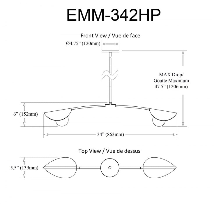 Luminaire suspendu horizontal Emma de Dainolite en verre blanc, avec fini noir mat et 2 ampoules