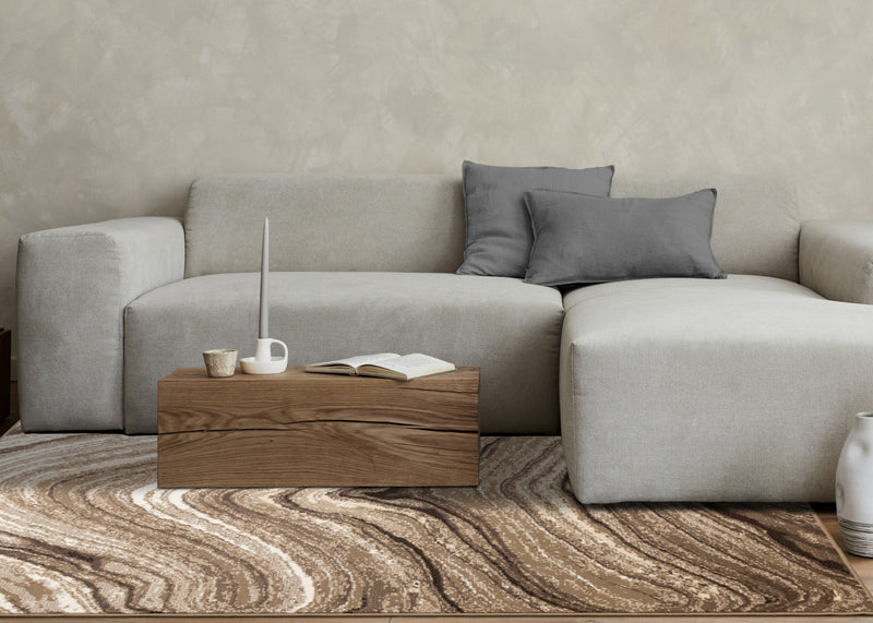 Carpette Forte brune et crème à motif de vagues apaisantes - 5 pi 3 po x 7 pi 5 po