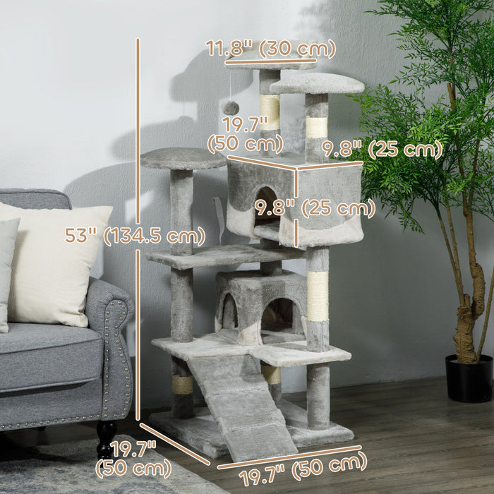 Pawhut Arbre A Chat De 53 Po, Grand Meuble Pour Chat, Centre D'activites A Plusieurs Niveaux Avec Griffoirs, Perchoirs, Rampe Et Balles Pendantes, Gris