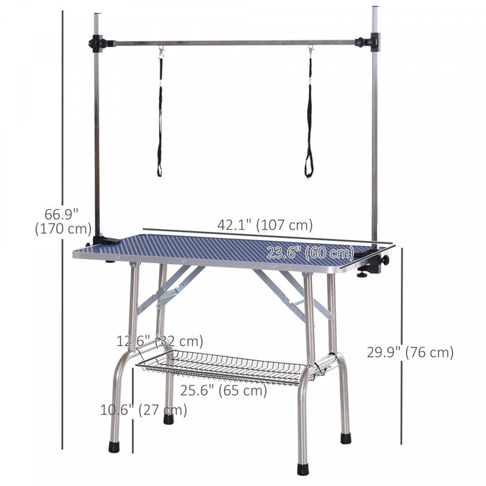 Pawhut Table De Toilettage Pour Chien Reglable Plateau En Caoutchouc 2 Sangles De Securite Panier De Rangement En Maille 67\"x 42.25\" X 23.5\"
