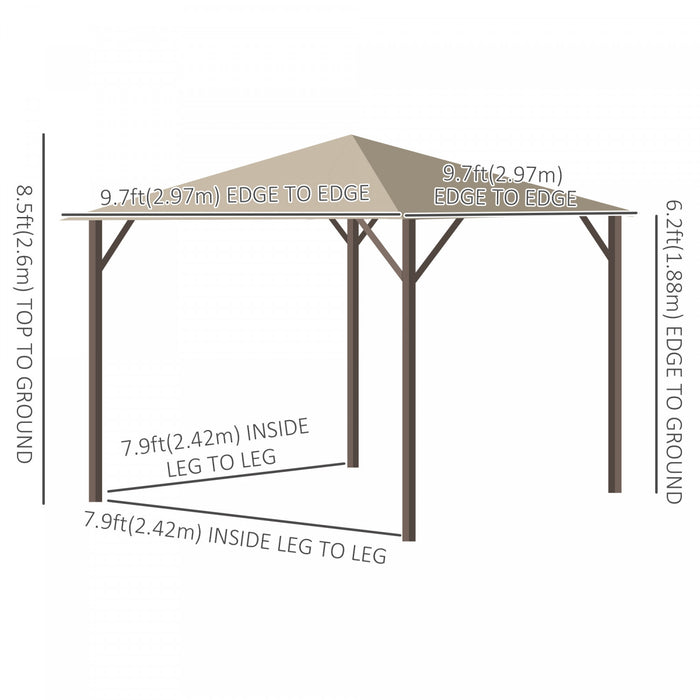 Outsunny 10' X 10' Tonnelle Pavillon Jardin Patio Terrasse Gazebo Exterieur Avec Parois Laterales Cheminee D'aeration Cadre Aluminium Acier Polyester Kaki