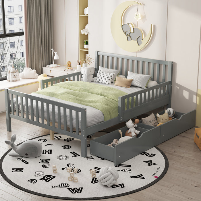 Emma – Lit Plateforme en Bois avec Barrieres de Protection et Tiroirs de Rangement, Format Double - Gris