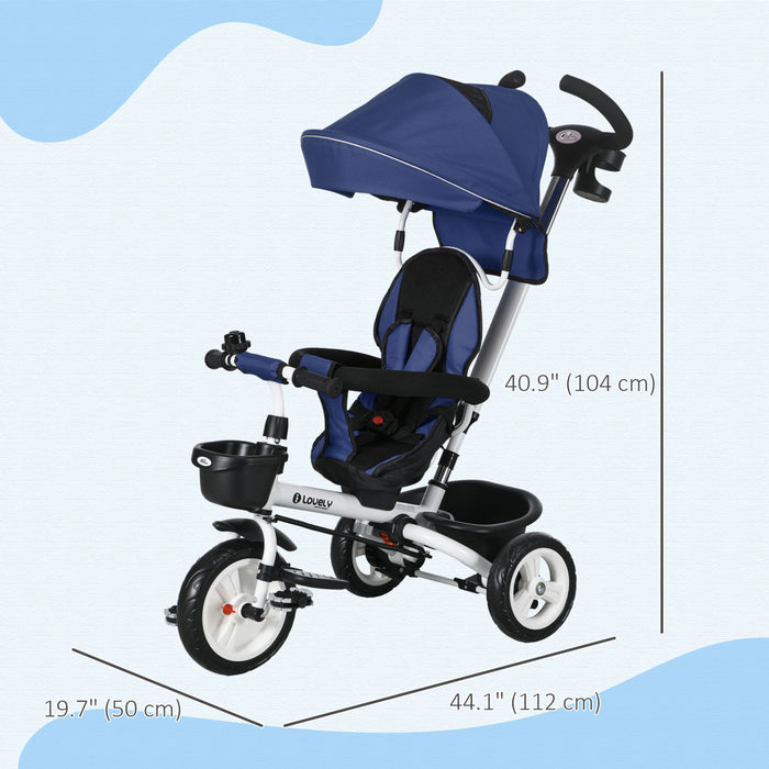 Qaba Tricycle Pour Tout-petits, Velo Poussette Avec Poignee De Poussee Parentale, Paniers De Rangement, Porte-gobelet, Garde-corps De Securite Et Ceinture De Securite, Pour 12 A 60 Mois, Bleu Fonce