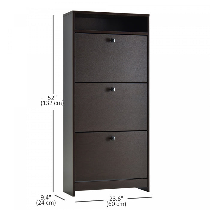 HOMCOM Armoire a Chaussures Etroite avec 3 Portes Battantes et Etagere Ouverte, Cafe