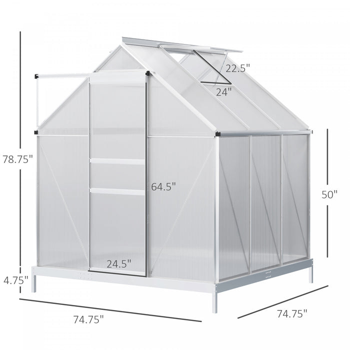 Outsunny Serre De Jardin Aluminium Polycarbonate Serre A Tomates Jardinerie Plantes Fondation Lucarne Reglable Porte Coulissante 6.2'l X 6.2'l X 6.6'h Argent Transparent