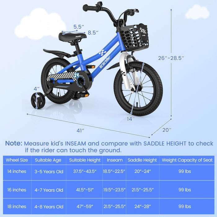 Velo Costway 14\" Pour Enfants Avec Roues D'entrainement Amovibles Et Panier Pour 3-5 Ans Bleu