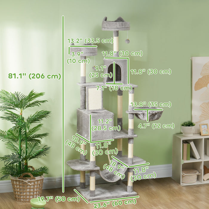 Pawhut Tour A Chat, Arbre A Chat De 81\" Pour Grands Chats Adultes Avec Griffoirs, Planche A Gratter, Lits Pour Chat, Hamacs, Plates-formes De Saut, Balles De Jouet, Gris Clair